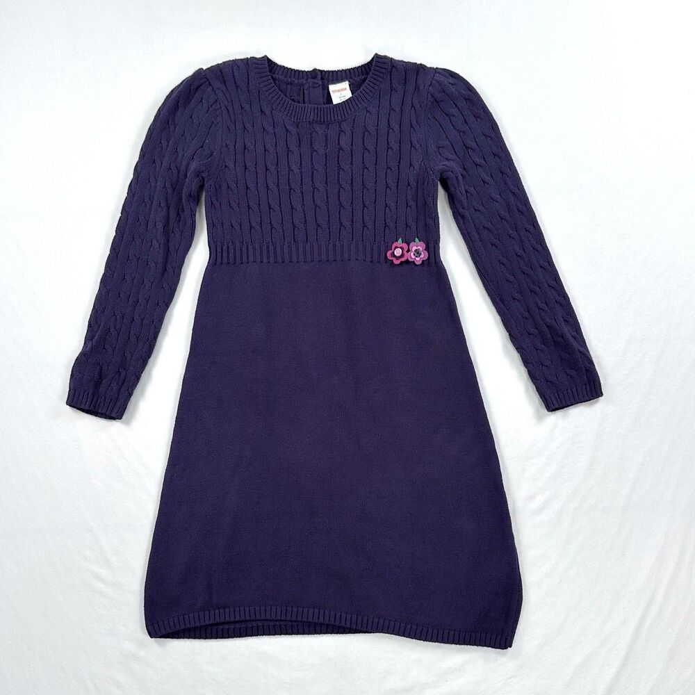 Gymboree Sweater Dress Girls 7 Purple Knit Flowers Cotton Long Sleeve Pullover